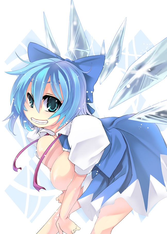 blue_eyes blue_hair breasts cirno grin hair_ribbon ice ice_wings large_breasts ribbon short_hair smile solo toono_yayoi touhou wings