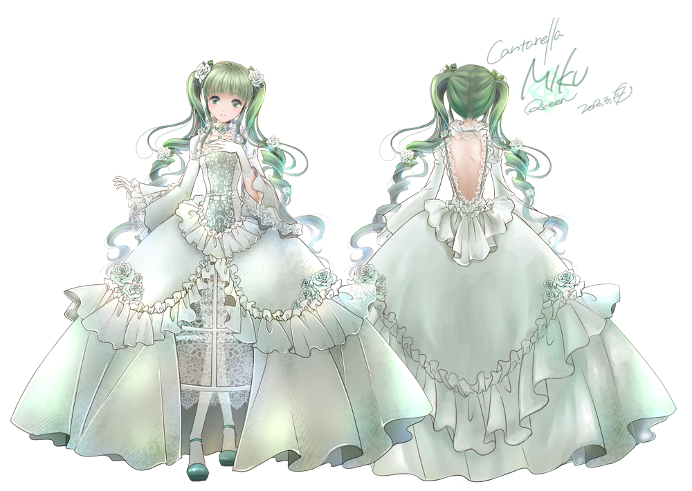 2013 back_cutout backless_dress backless_outfit bare_back cantarella_(vocaloid) character_name character_sheet concept_art copyright_name crossed_legs dated dress elbow_gloves flower frilled_dress frills gloves green_eyes green_hair hair_flower hair_ornament hatsune_miku itto_maru long_hair multiple_views pantyhose project_diva_(series) project_diva_f_2nd sitting twintails vocaloid white_dress