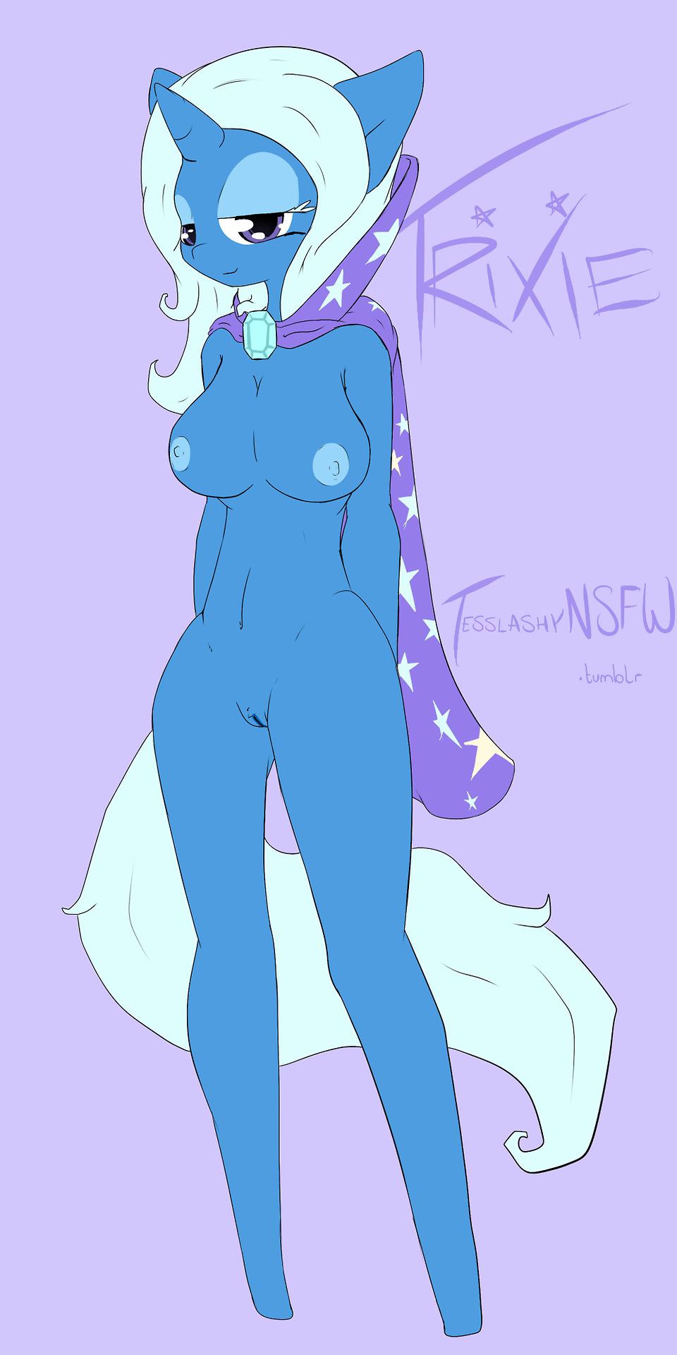 anthro anthrofied blue_fur blue_hair cape cutie_mark english_text equine female friendship_is_magic fur hair horn horse mammal my_little_pony navel nude plain_background pony purple_eyes pussy solo tesslashy text trixie_(mlp) unicorn white_background