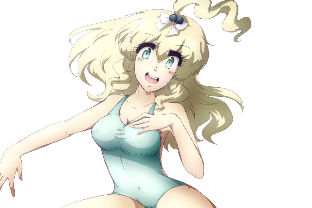 :d anime_coloring blonde_hair breasts eyelashes fingers green_eyes hair_between_eyes hand_on_own_chest happy large_breasts lenk64 long_hair looking_at_viewer nansei_project nipples non-web_source one-piece_swimsuit open_mouth ponytail see-through shiawase_kaeru simple_background smile solo swimsuit white_background