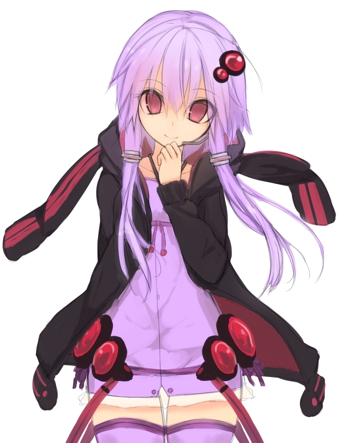 denpaken_pochi long_hair looking_at_viewer purple_hair purple_legwear red_eyes simple_background smile solo thighhighs vocaloid voiceroid white_background yuzuki_yukari