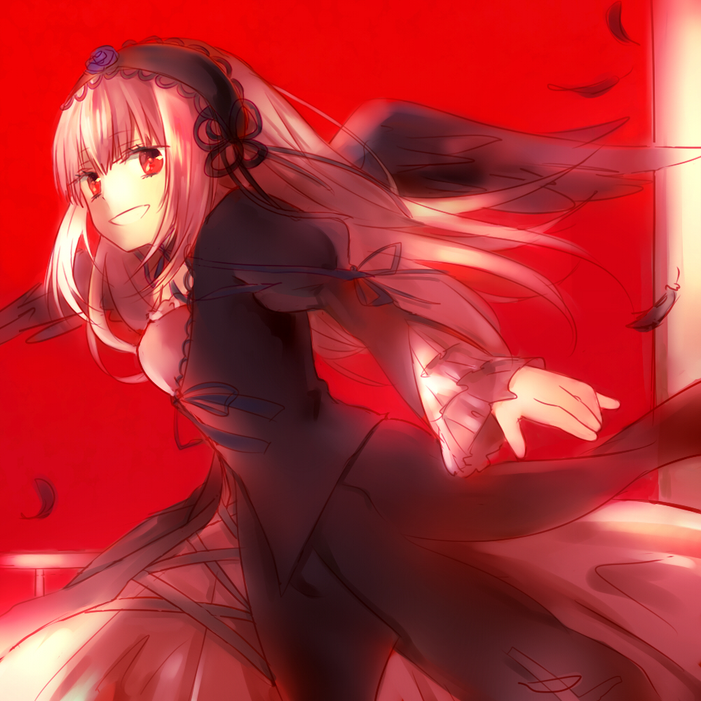 bad_id bad_pixiv_id dress feathers flower frills gothic_lolita grin hairband lolita_fashion long_hair long_sleeves ni_you red_background red_eyes rose rozen_maiden silver_hair smile solo suigintou wings