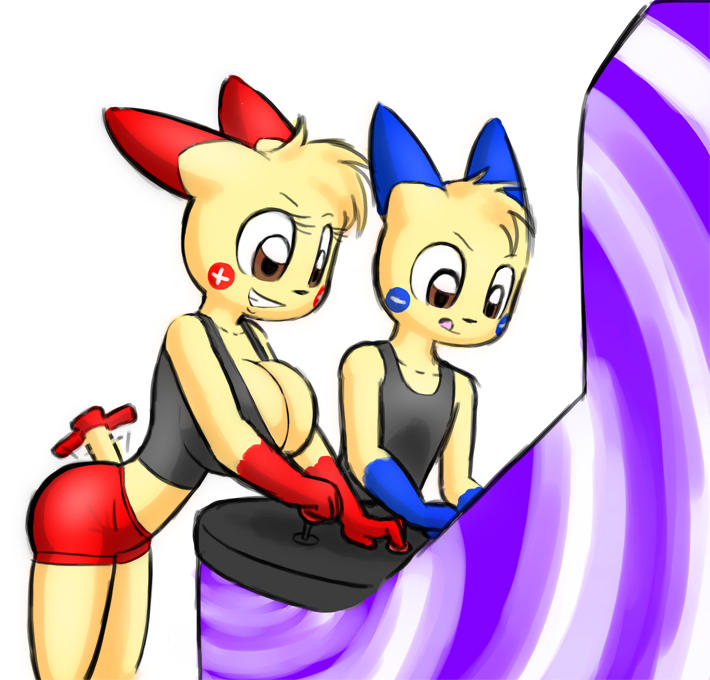 anthro big_breasts breasts brother_and_sister cleavage clothed clothing female glint huge_breasts male mammal milkjunkie minun mouse nintendo norithics plusle pok&#233;mon pok&eacute;mon rodent sibling smile spark video_games