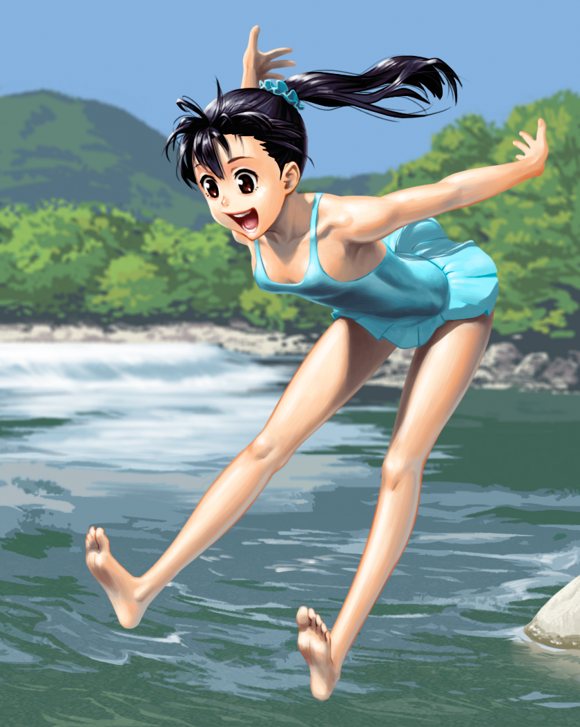 barefoot black_hair brown_eyes casual_one-piece_swimsuit francine_(daijaemon) happy jumping long_hair long_legs nature one-piece_swimsuit original smile solo swimsuit