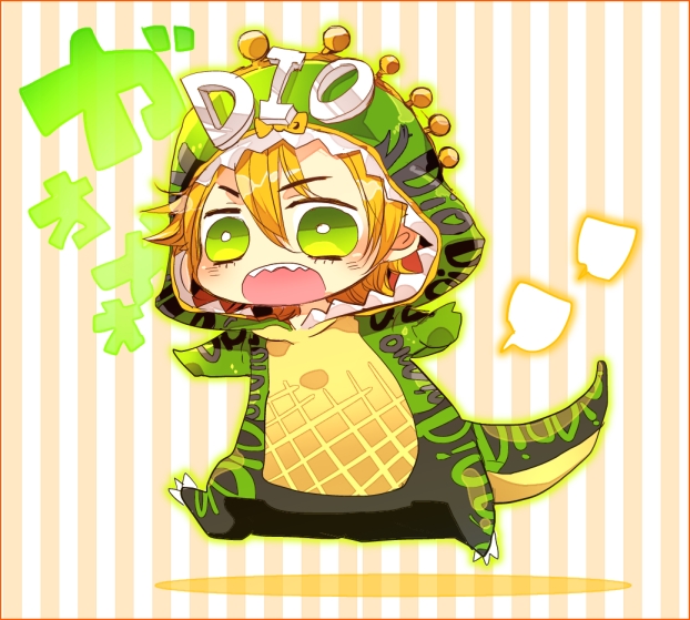 animal_costume blonde_hair chibi diego_brando dinosaur_costume fangs green_eyes jojo_no_kimyou_na_bouken male_focus sadahara_inako solo steel_ball_run