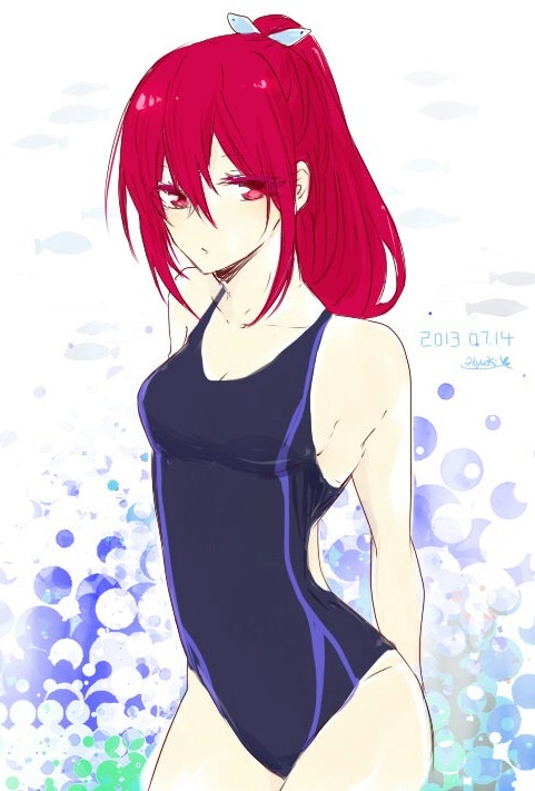 bad_id bad_pixiv_id competition_swimsuit free! haruse_(end-89) long_hair matsuoka_gou one-piece_swimsuit ponytail red_eyes red_hair swimsuit