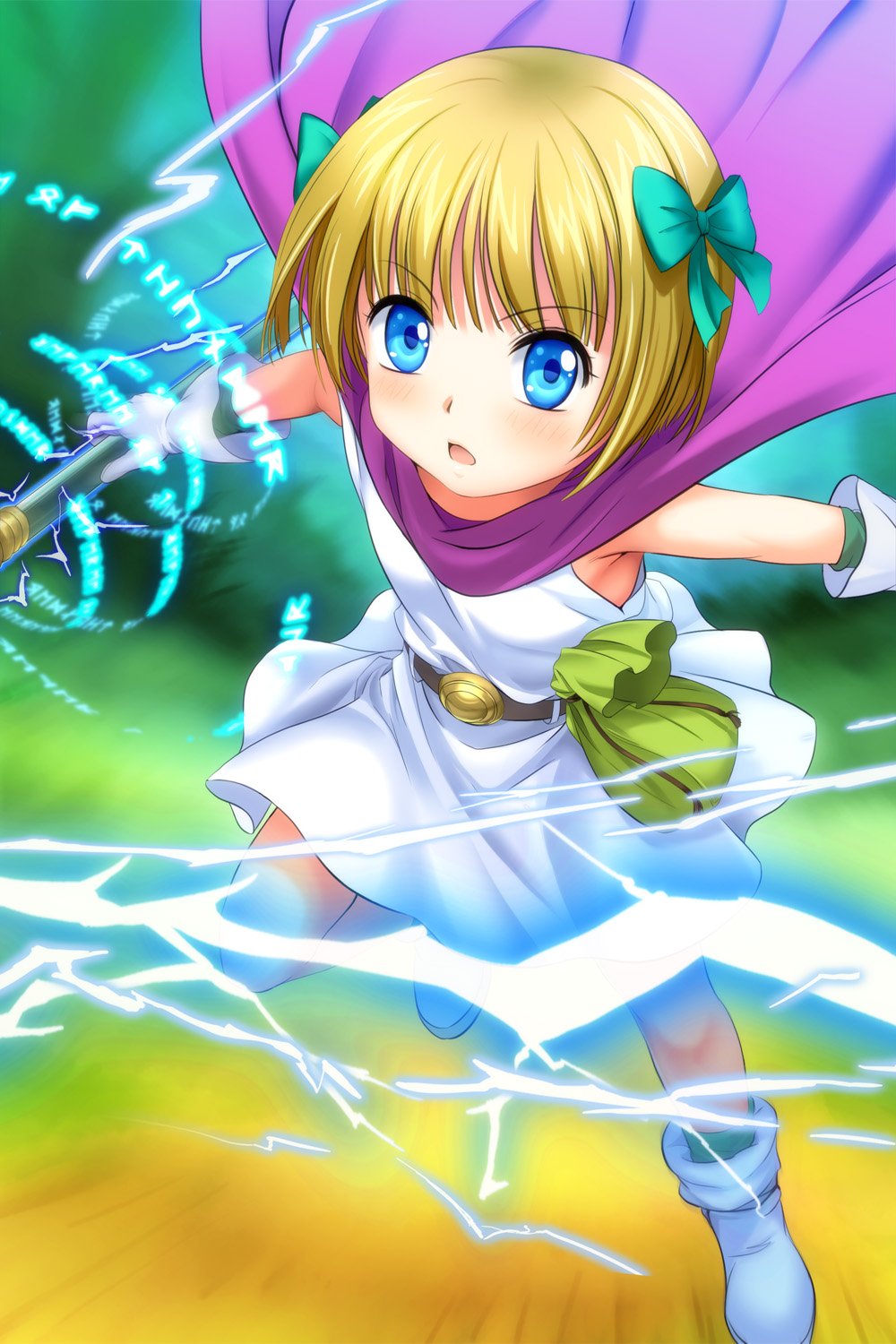 bianca's_daughter blonde_hair blue_eyes blush boots bow cape child dragon_quest dragon_quest_v electricity flat_chest gloves hair_bow highres magic mutsuki_(moonknives) open_mouth short_hair solo staff
