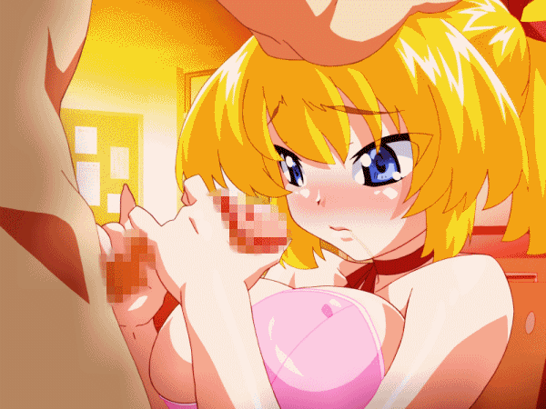 1girl animated animated_gif blonde_hair blue_eyes breasts censored cum cum_in_mouth cum_on_body cum_on_breasts cum_on_hair cum_on_upper_body erogos facial hand_on_head handjob hetero mahotama miki_(mahotama) mosaic_censoring nipples penis swallowing tongue tongue_out two-handed_handjob
