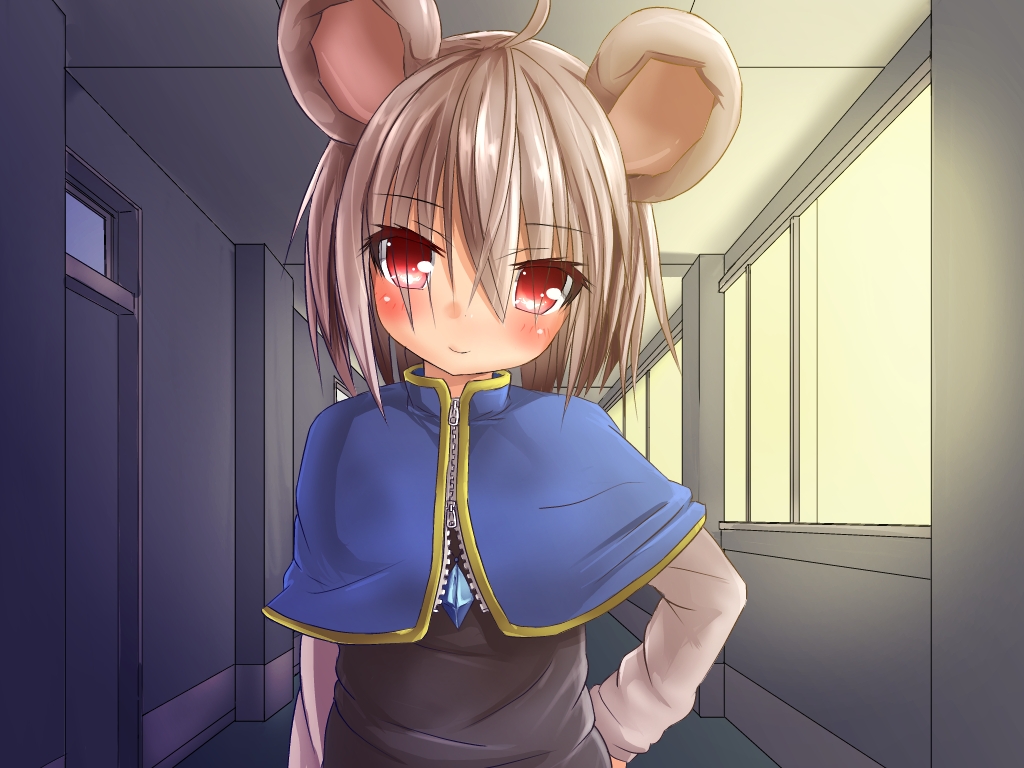 ahoge animal_ears blush capelet ceiling dress greatmosu grey_hair hallway hand_on_hip head_tilt indoors jewelry light_smile long_sleeves looking_at_viewer mouse_ears nazrin pendant red_eyes short_hair smile solo touhou window zipper