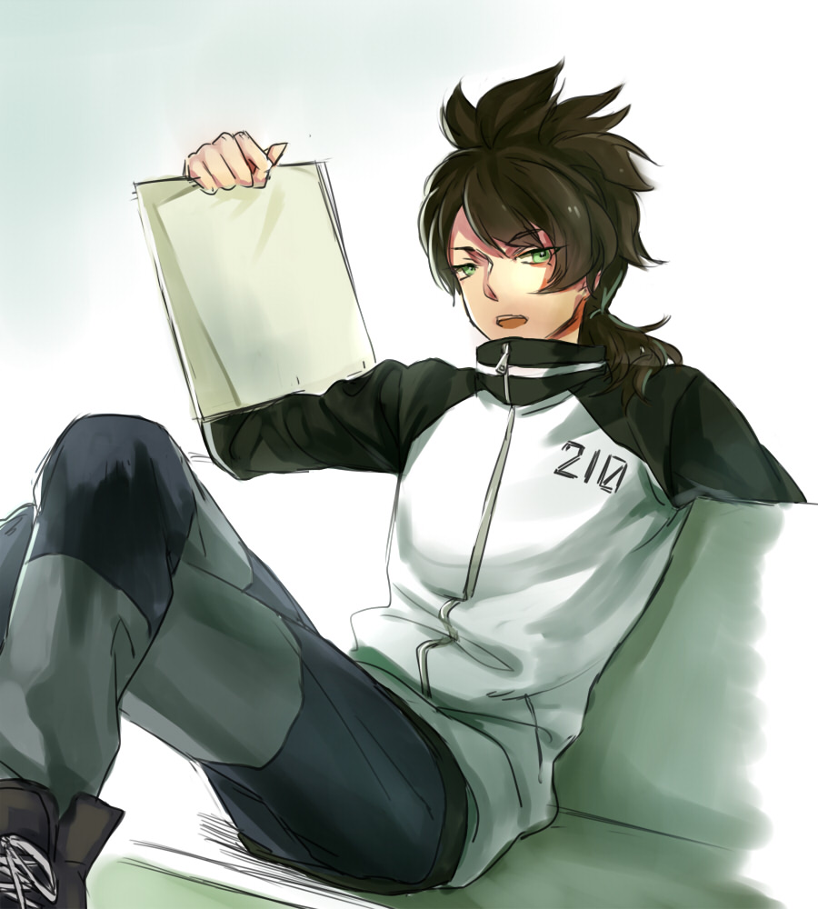 brown_hair fudou_akio green_eyes inazuma_eleven_(series) inazuma_eleven_go inazuma_eleven_go_galaxy jacket long_hair male_focus older open_mouth resistance_japan sitting solo track_jacket warmwind