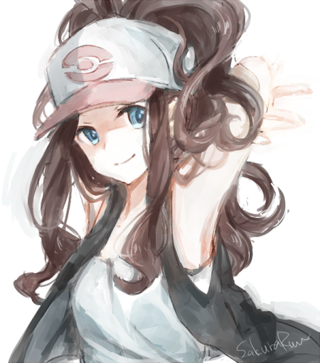 arms_behind_head arms_up bad_id bad_pixiv_id baseball_cap blue_eyes brown_hair hat high_ponytail long_hair looking_at_viewer naru_(andante) pokemon pokemon_(game) pokemon_bw signature smile solo touko_(pokemon) vest white_background