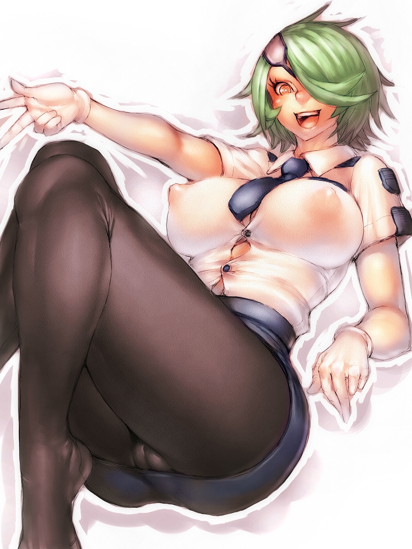 blush breasts bursting_breasts cameltoe cleavage covered_nipples crossed_legs eyepatch fumio_(rsqkr) gloves green_hair hair_over_one_eye impossible_clothes impossible_shirt large_breasts legs lying miniskirt necktie open_mouth otonashi_kiruko pantyhose pencil_skirt police police_uniform red_eyes shinmai_fukei_kiruko-san shirt short_hair simple_background sitting skirt solo thighs uniform upskirt v