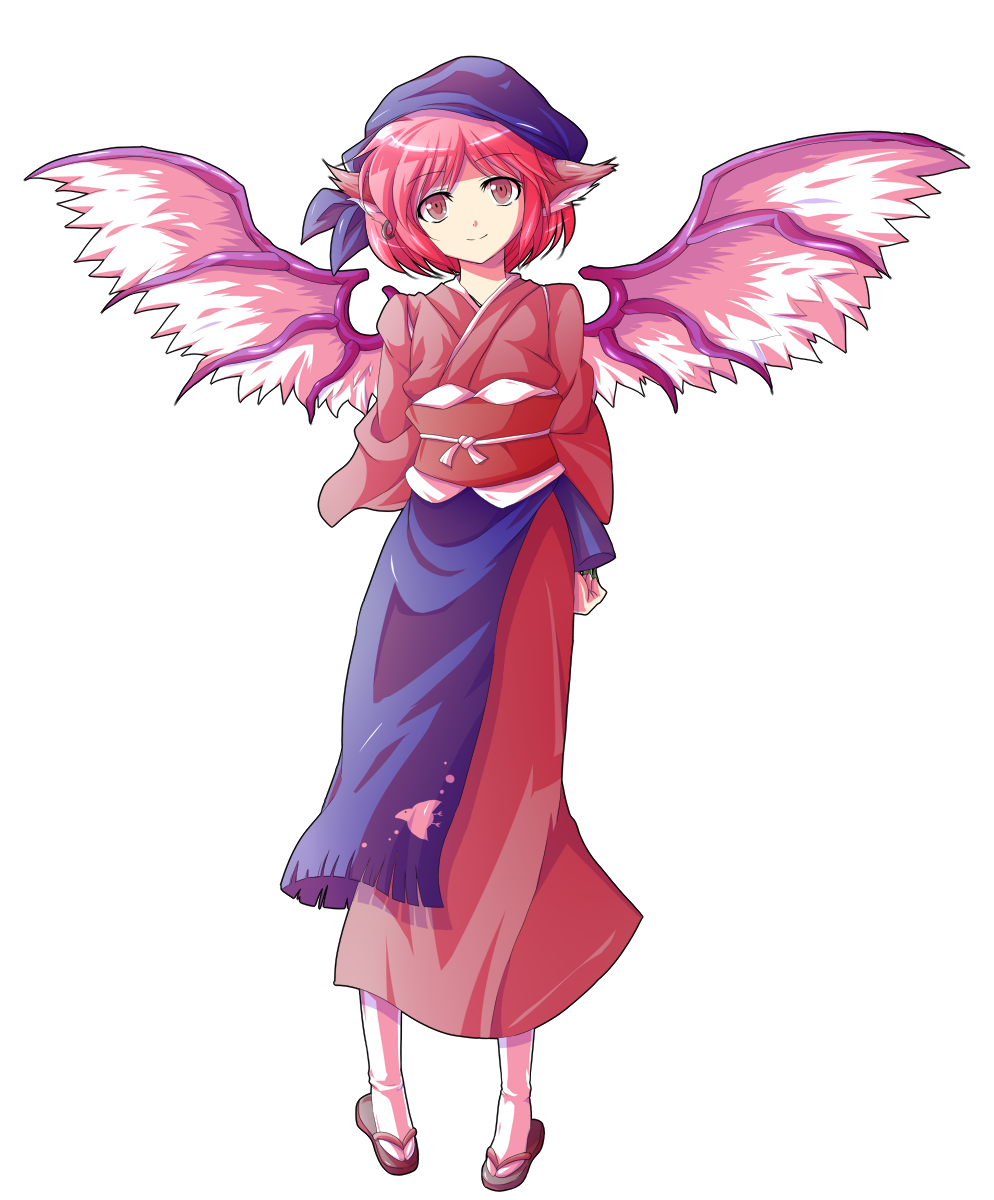alphes_(style) animal_ears arms_behind_back brown_eyes dairi full_body hat highres japanese_clothes looking_at_viewer mystia_lorelei okamisty parody pink_hair short_hair smile solo style_parody touhou transparent_background wings
