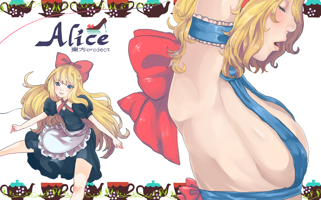 alice_margatroid apron armband armpits arms_up bad_id bad_pixiv_id blonde_hair blue_eyes breasts closed_eyes cup high_heels large_breasts multiple_girls open_mouth rog92 shanghai_doll shoes sideboob teacup teapot touhou