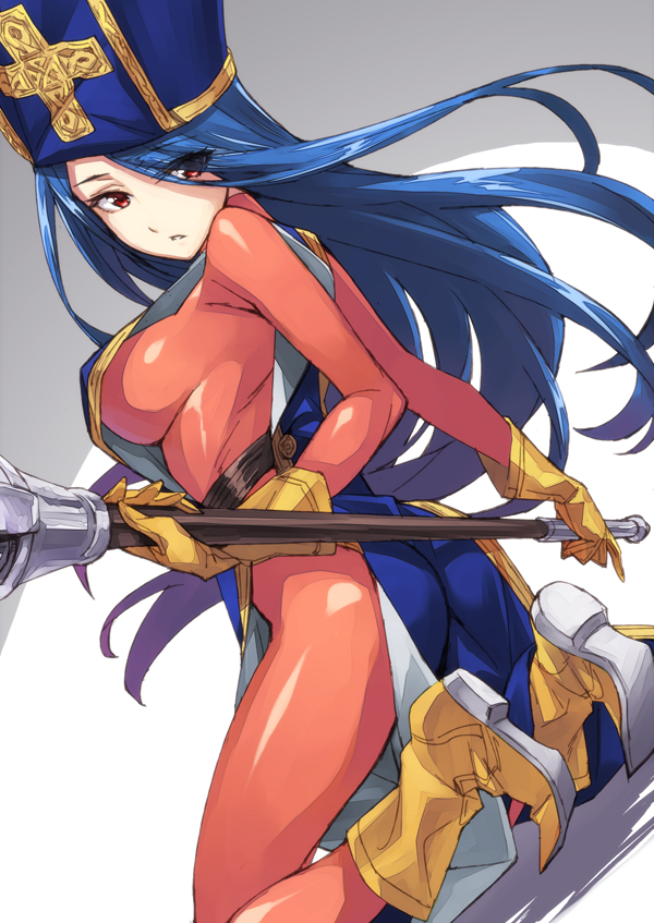ass bad_id bad_pixiv_id blue_hair blush bodysuit boots breasts dragon_quest dragon_quest_iii gloves hat impossible_clothes large_breasts long_hair looking_at_viewer looking_back mace matsuryuu mitre orange_bodysuit priest_(dq3) red_eyes skin_tight solo tabard weapon