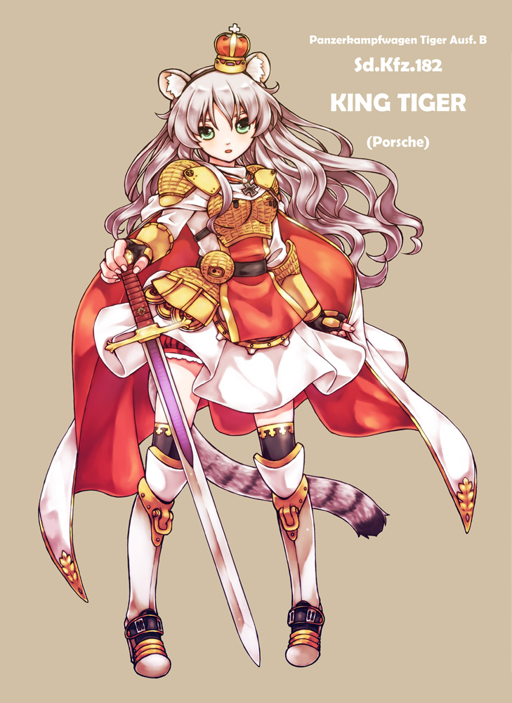 acea4 animal_ears armor cape cat_ears cat_tail crown iron_cross mini_crown original personification solo sword tail tiger_ii_(personification) weapon