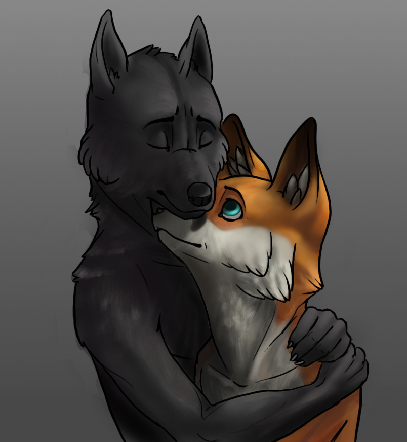 blue_eyes canine couple duo eyes_closed fox gay hug male mammal wolf