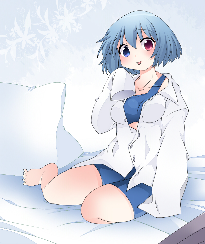 bare_legs barefoot bed blue_eyes blue_hair blush commentary dress_shirt feet hammer_(sunset_beach) heterochromia on_bed oversized_clothes oversized_shirt pillow red_eyes shirt short_hair shorts sitting sitting_on_bed sleeves_past_fingers sleeves_past_wrists smile solo tank_top tatara_kogasa tongue tongue_out touhou translation_request