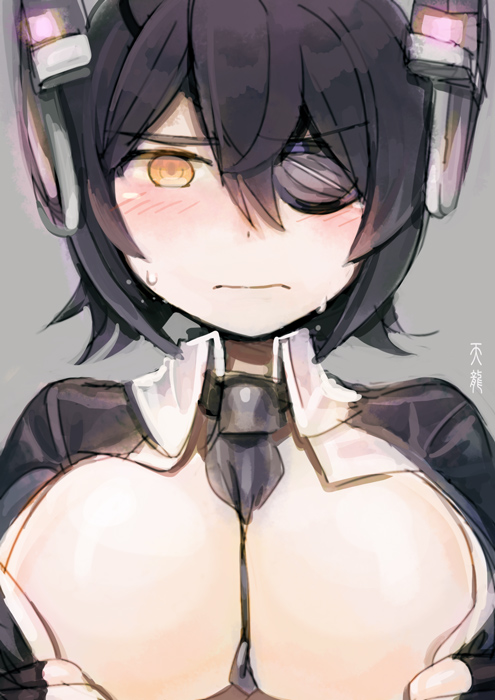bad_id bad_pixiv_id black_hair blush breasts eyepatch gloves ika kantai_collection large_breasts necktie short_hair solo tears tenryuu_(kantai_collection) translated yellow_eyes