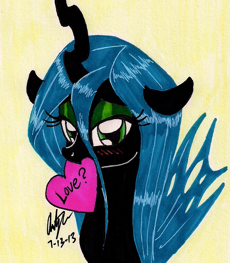 &lt;3 blush changeling equine female friendship_is_magic green_eyes green_hair hair holes horn horse long_hair looking_at_viewer love? mammal my_little_pony newyorkx3 pony queen_chrysalis_(mlp) solo wings