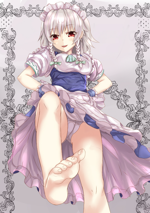 apron bad_id bad_pixiv_id bare_legs barefoot blue_dress braid dress dress_lift feet from_below hair_ribbon izayoi_sakuya leg_up looking_at_viewer maid maid_headdress open_mouth outstretched_foot outstretched_leg panties puffy_sleeves red_eyes ribbon short_sleeves silver_hair smile solo touhou twin_braids underwear upskirt waist_apron white_crow white_panties wrist_cuffs