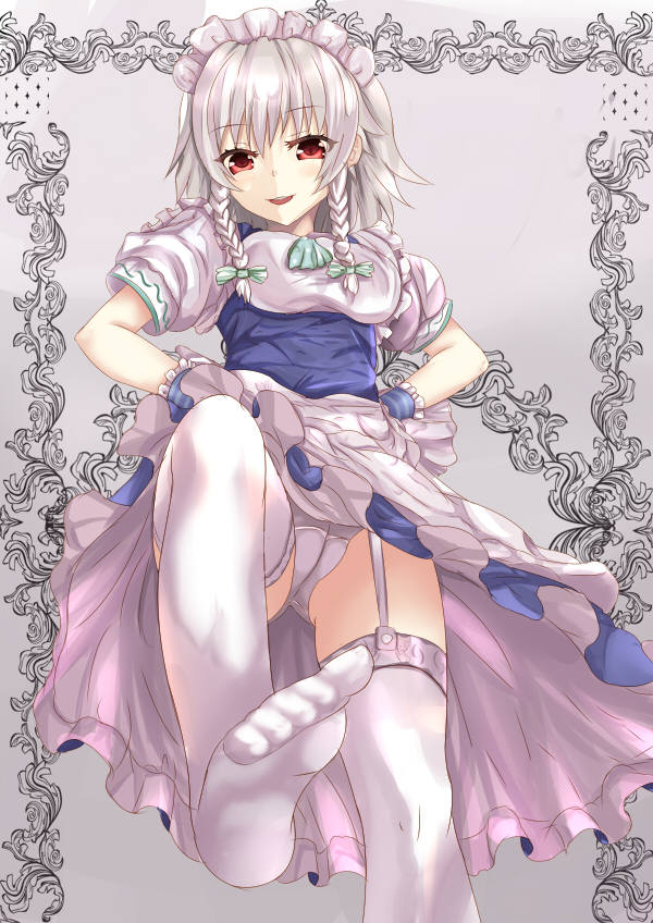 apron bad_id bad_pixiv_id blue_dress braid dress dress_lift feet from_below garter_straps hair_ribbon izayoi_sakuya leg_up looking_at_viewer maid maid_headdress no_shoes open_mouth outstretched_foot outstretched_leg panties puffy_sleeves red_eyes ribbon short_sleeves silver_hair smile solo thighhighs touhou twin_braids underwear upskirt waist_apron white_crow white_legwear white_panties wrist_cuffs