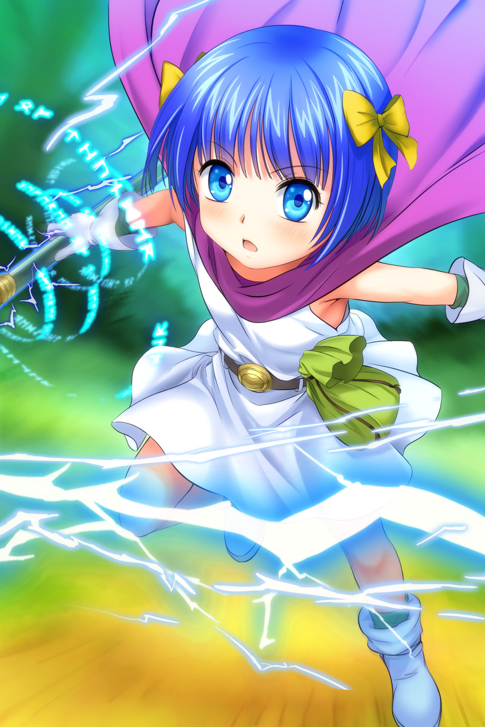 blue_eyes blue_hair blush boots bow cape child dragon_quest dragon_quest_v electricity flat_chest flora's_daughter gloves hair_bow highres magic mutsuki_(moonknives) open_mouth short_hair solo staff yellow_bow