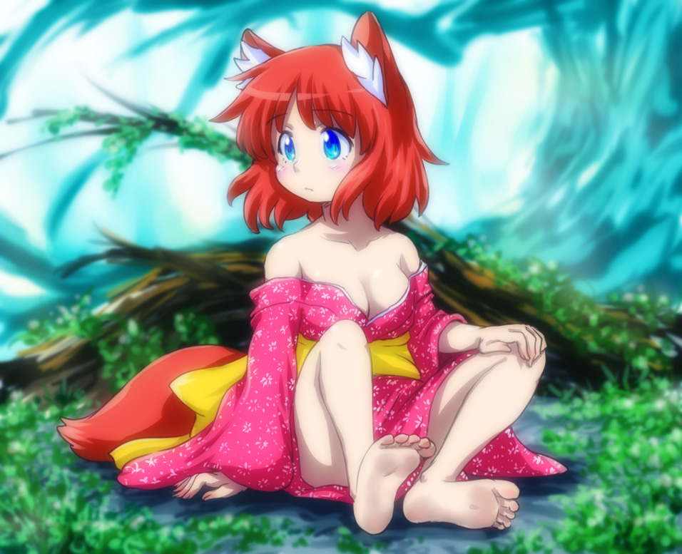 animal_ears bare_shoulders barefoot blue_eyes blush breasts cleavage dirty_feet feet japanese_clothes kimono medium_breasts nature off_shoulder original red_hair rokuroubuna short_hair sitting soles solo tail toes