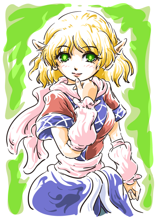 arm_warmers blonde_hair blouse fesserst fingernails green_background green_eyes hand_on_own_chin lips looking_at_viewer mizuhashi_parsee pointy_ears sash scarf short_hair short_sleeves simple_background skirt smile solo touhou