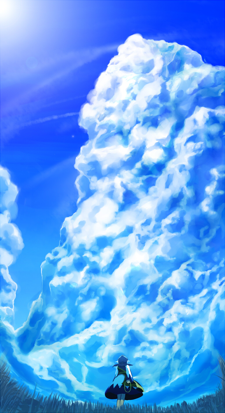 aki_biko_(aki_no_sanroku) back cloud cloudy_sky dress grass highres hood hoop kesa kumoi_ichirin landscape nature scenery sky solo sun touhou unzan