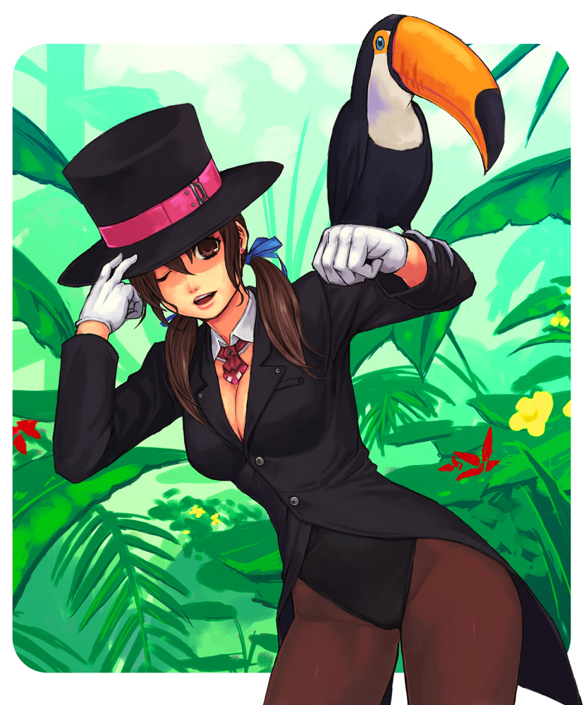 bad_id bad_pixiv_id bird breasts brown_eyes brown_hair cleavage hat hat_tip one_eye_closed original pantyhose small_breasts solo top_hat toucan twintails yuuji_(and)