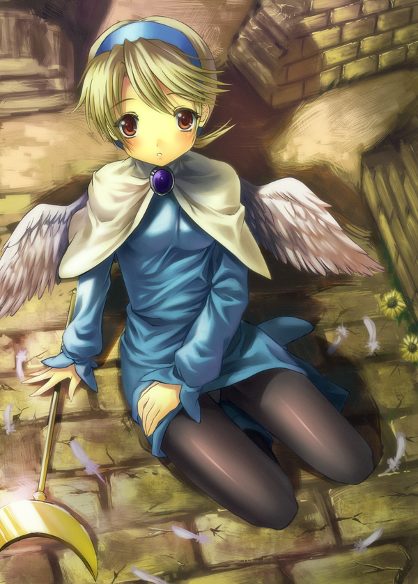 angel_wings blonde_hair breath_of_fire breath_of_fire_iv feathers hairband kichiroku nina_(breath_of_fire_iv) pantyhose short_hair sitting solo staff very_short_hair white_wings wings