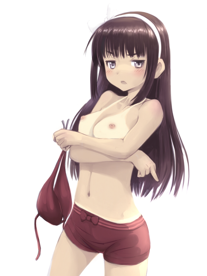 bikini bikini_top_removed blush boyshorts breast_hold breasts brown_eyes brown_hair character_request copyright_request hairband jitome long_hair medium_breasts meow_(nekodenki) middle_finger nipples shorts solo swimsuit tan tanline topless