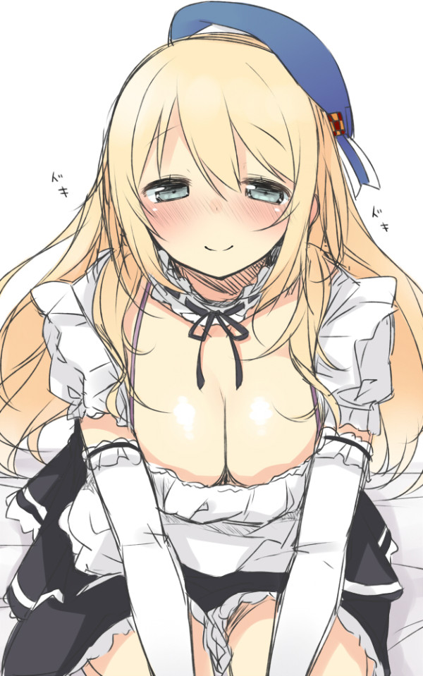atago_(kantai_collection) bad_id bad_pixiv_id blonde_hair blue_hat blush breasts cleavage elbow_gloves gloves green_eyes hat kantai_collection large_breasts long_hair looking_at_viewer maid nekoume