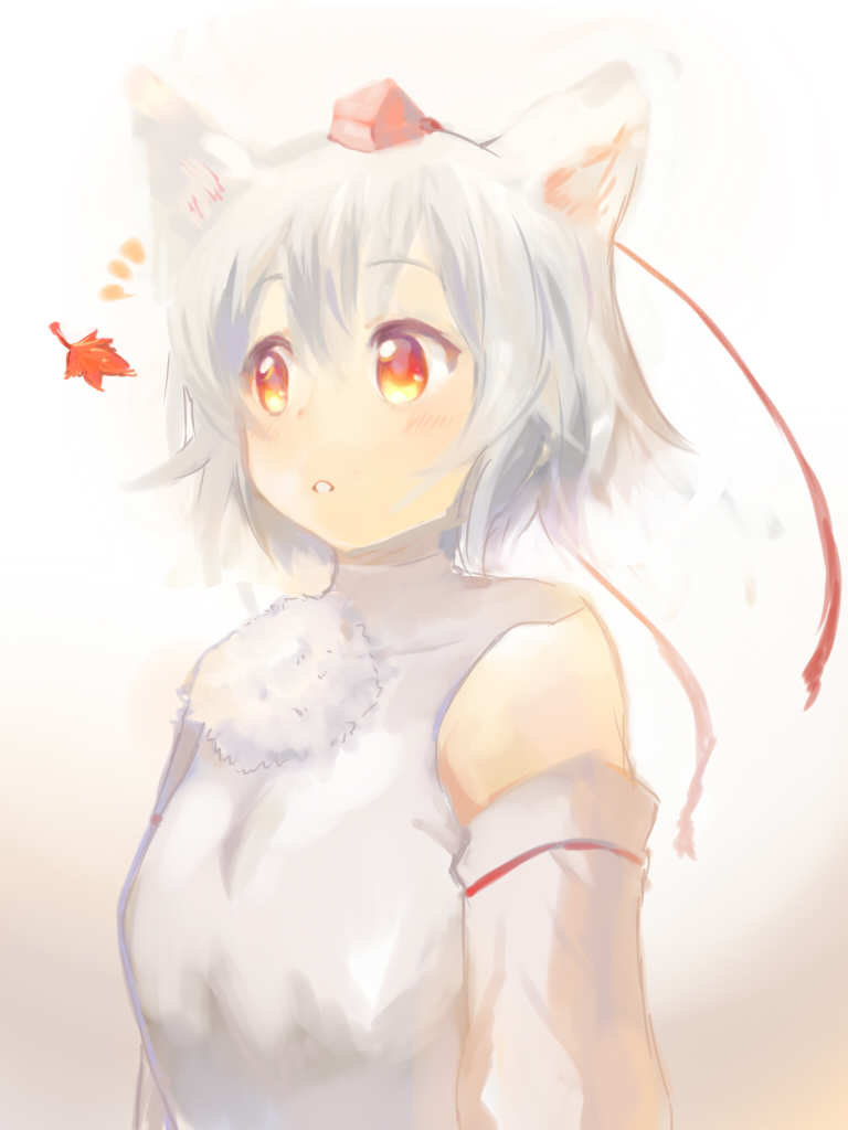 animal_ears bad_id bad_pixiv_id blush detached_sleeves hat inubashiri_momiji leaf open_mouth red_eyes short_hair silver_hair solo tokin_hat touhou ume_(plumblossom) wolf_ears
