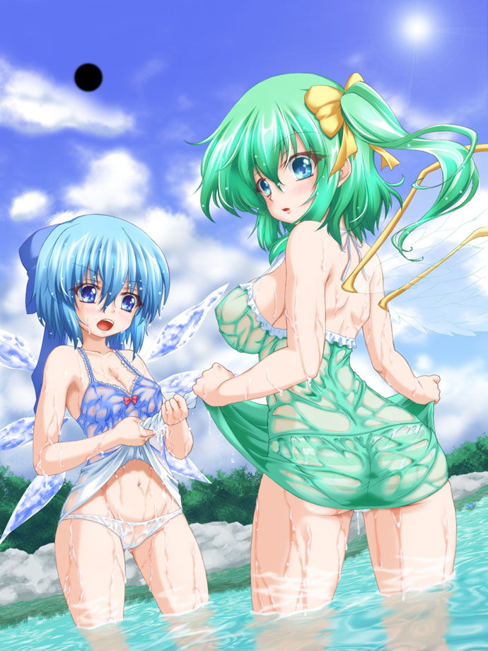 ass blue_eyes blue_hair blush breasts cirno cleavage cloud covered_nipples daiyousei day fairy_wings green_hair ice ice_wings kirisawa_tokito large_breasts looking_at_viewer looking_back multiple_girls navel open_mouth panties partially_submerged rumia rumia_(darkness) see-through sky small_breasts striped striped_panties touhou underwear wet wet_clothes wet_panties white_panties wings wringing_clothes