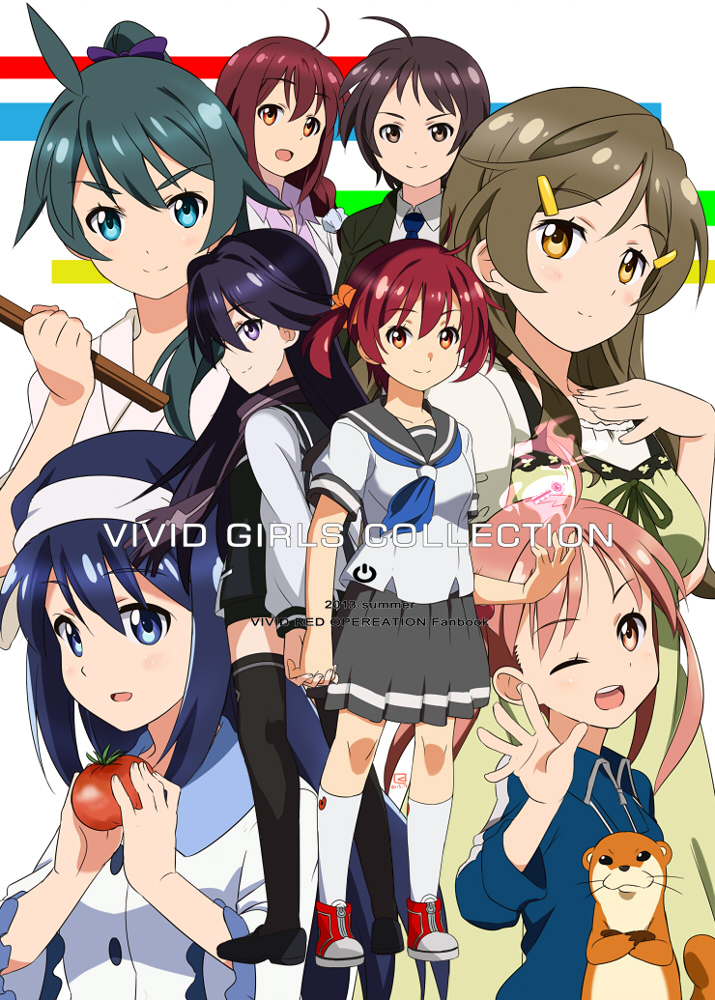 amagi_mizuha bow ferret futaba_aoi_(vividred_operation) hair_bobbles hair_bow hair_ornament hairband hairclip isshiki_akane isshiki_mashiro isshiki_momo kueru_(yuuki_tamerawanai) kuroki_rei multiple_girls national_shin_ooshima_school_uniform ooshima_kitanoyama_elementary_and_middle_school_uniform print_scarf purple_bow purple_scarf saegusa_wakaba scarf school_uniform serafuku shinomiya_himawari short_shorts shorts tomato uso-kun vividred_operation white_hairband