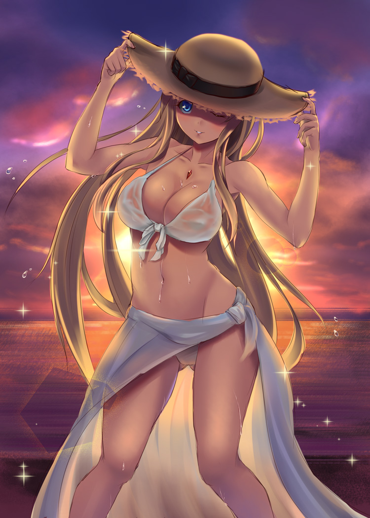 ass_visible_through_thighs beach bikini blonde_hair blue_eyes breasts cleavage front-tie_top gem hat hyui_cf2 large_breasts long_hair looking_at_viewer navel one_eye_closed original parted_lips sarong see-through set solo sun_hat sunset swimsuit very_long_hair water_drop wet wet_clothes white_bikini yuri_(hyui_cf2)