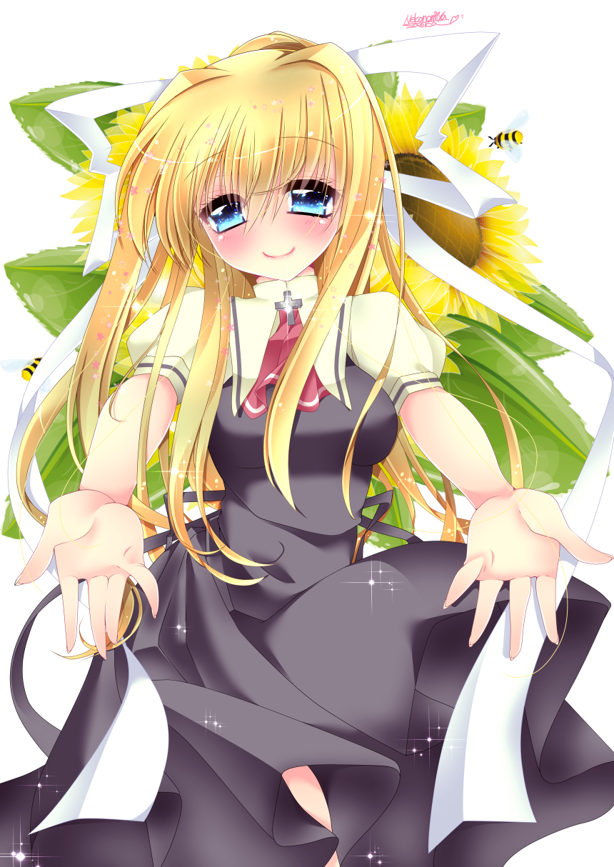 air blonde_hair blue_eyes flower hair_ribbon highres kamio_misuzu long_hair nekoko_(himekasama) ponytail ribbon school_uniform smile solo sunflower
