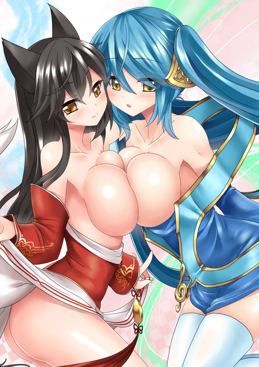 :o ahri animal_ears ass bare_shoulders black_hair blue_hair blush breast_press breasts detached_sleeves fox_ears fox_tail hair_ornament highres large_breasts league_of_legends long_hair looking_at_viewer miyuki_rei multiple_girls multiple_tails smile sona_buvelle symmetrical_docking tail thighhighs twintails white_legwear yellow_eyes