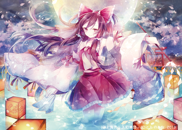 afloat_lantern armpits ascot bow brown_hair detached_sleeves full_moon gohei hair_bow hair_ornament hair_tubes hakurei_reimu ibara_riato lantern long_hair long_sleeves moon oonusa outstretched_arm petals pink_eyes shirt skirt skirt_set smile solo spell_card touhou very_long_hair water wide_sleeves