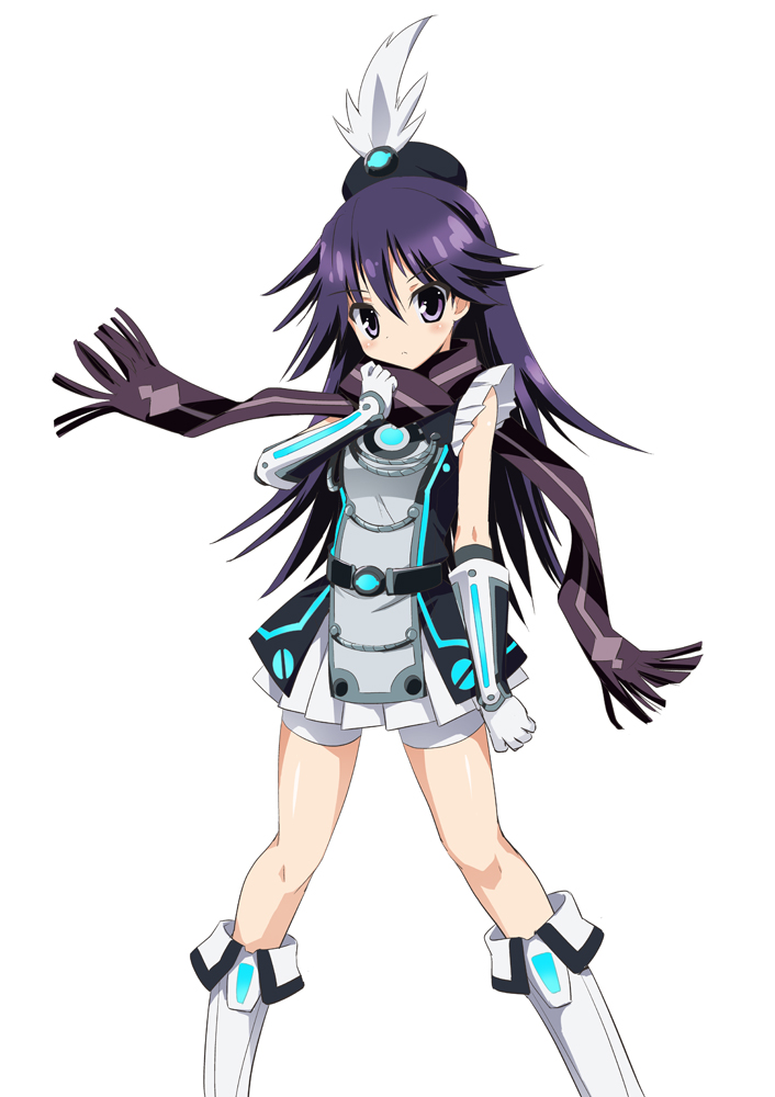 alternate_costume black_hair boots hat hat_feather knee_boots kuroki_rei long_hair ouhashi palette_suit purple_eyes scarf solo vividred_operation