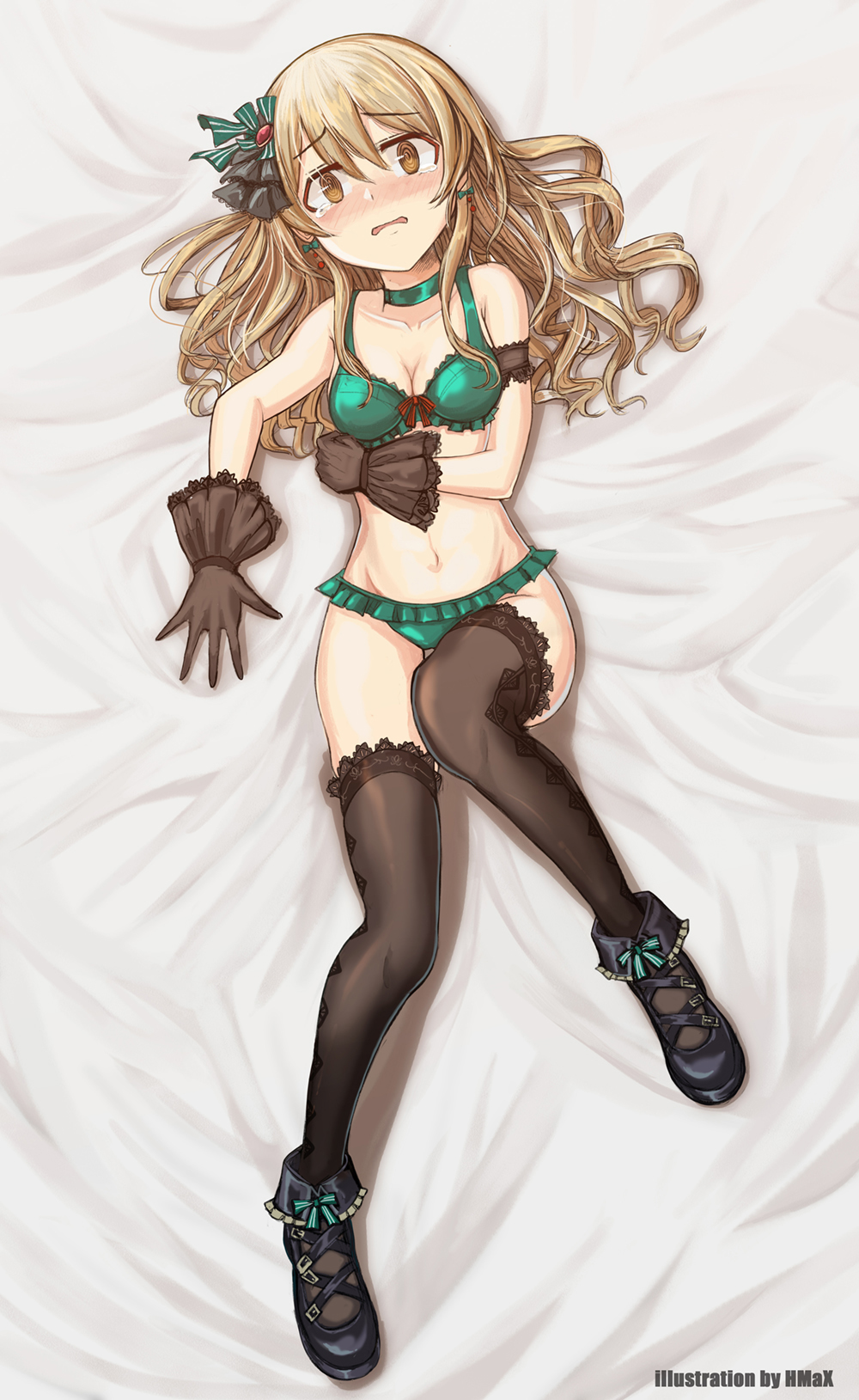 1girl @_@ armband artist_name bangs bed_sheet black_footwear black_gloves black_legwear blush bow bow_bra bra breasts brown_eyes buckle choker cleavage drill_hair english_text eyebrows_visible_through_hair frilled_bra frilled_footwear frilled_panties frills frown full_body gloves green_bow green_bra green_choker green_panties hair_bow hair_ornament highres hmax idolmaster idolmaster_cinderella_girls idolmaster_cinderella_girls_starlight_stage lace lace-trimmed_bra lace-trimmed_thighhighs light_brown_hair long_hair looking_at_viewer lying medium_breasts morikubo_nono navel on_back on_bed panties shoes solo tearing_up thighhighs underwear underwear_only wavy_mouth