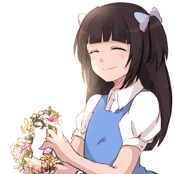 ^_^ aya_drevis bad_id bad_pixiv_id bangs black_hair blunt_bangs blush bow closed_eyes collared_shirt dress flower hair_bow hair_ornament head_wreath hiki-wota holding long_hair mad_father open_mouth shirt sidelocks smile solo sunlight younger