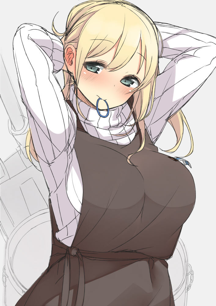 adjusting_hair apron arms_up atago_(kantai_collection) bad_id bad_pixiv_id blonde_hair blush breasts casual green_eyes hair_tie kantai_collection large_breasts long_hair looking_at_viewer mouth_hold nekoume ponytail ribbed_sweater solo sweater tying_hair