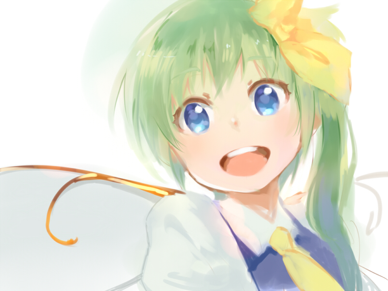 bad_id bad_pixiv_id blue_eyes blush bow daiyousei green_hair hair_bow long_hair looking_at_viewer side_ponytail sketch smile solo touhou ume_(plumblossom) upper_body wings