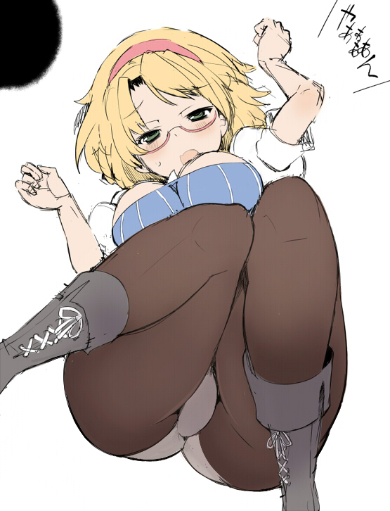 alice_margatroid ass bangs bespectacled black_legwear blonde_hair boots breasts brown_legwear cross-laced_footwear glasses hairband hips hiruma_andon impossible_clothes impossible_shirt knees_together_feet_apart labia large_breasts legs legs_up lying on_back open_mouth panties panties_under_pantyhose pantyhose revision rumia rumia_(darkness) shirt sketch solo thighs touhou trefoil underwear white_panties wide_hips