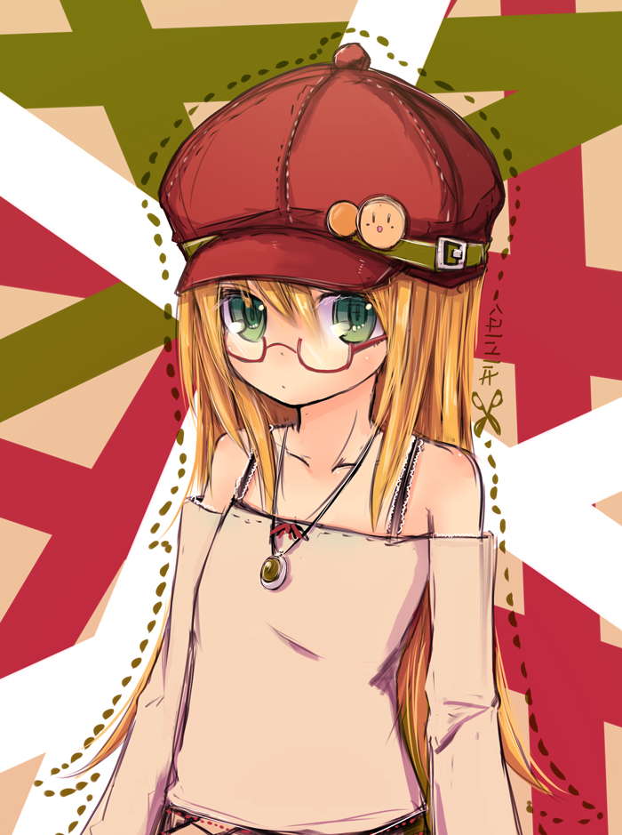 copyright_request dotted_line glasses green_eyes hat ico_(green_bullet) long_hair looking_at_viewer solo