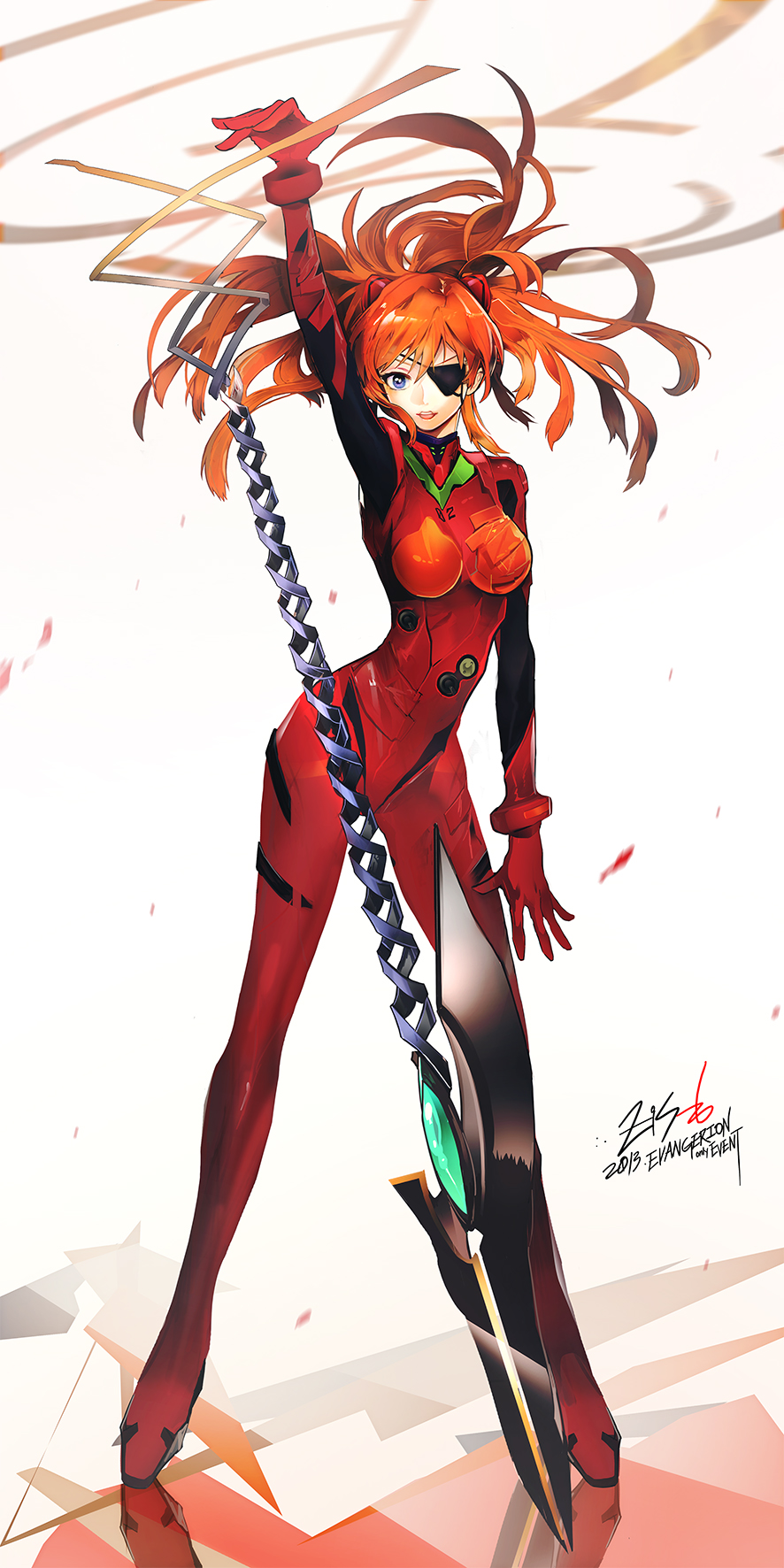 2013 arm_up bangs blue_eyes blurry bodysuit bracer breasts contrapposto copyright_name dated depth_of_field evangelion:_3.0_you_can_(not)_redo eyepatch floating_hair full_body gem gloves hair_between_eyes hair_ornament happy headgear highres impossible_bodysuit impossible_clothes legs_apart long_hair long_legs looking_at_viewer medium_breasts neon_genesis_evangelion number open_mouth orange_hair pilot_suit planted_weapon plugsuit polearm rebuild_of_evangelion reflection reflective_floor shikinami_asuka_langley signature skinny smile solo souryuu_asuka_langley spear spear_of_cassius standing tape turtleneck weapon white_background zis