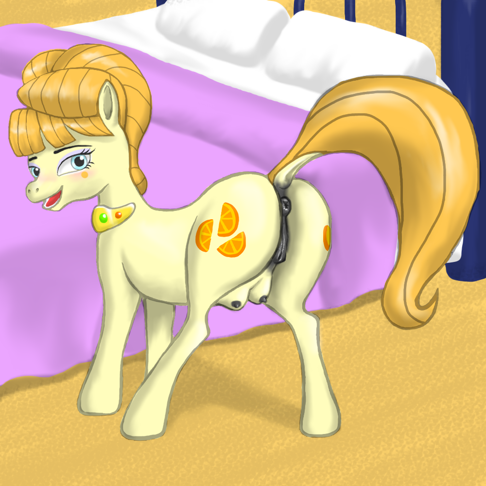 anus aunt_orange_(mlp) beauty_mark bed butt cutie_mark equine female feral friendship_is_magic fur hair horse looking_at_viewer looking_back mammal my_little_pony necklace nipples open_mouth orange_hair pamas pillow pony presenting presenting_hindquarters pussy teats yellow_fur